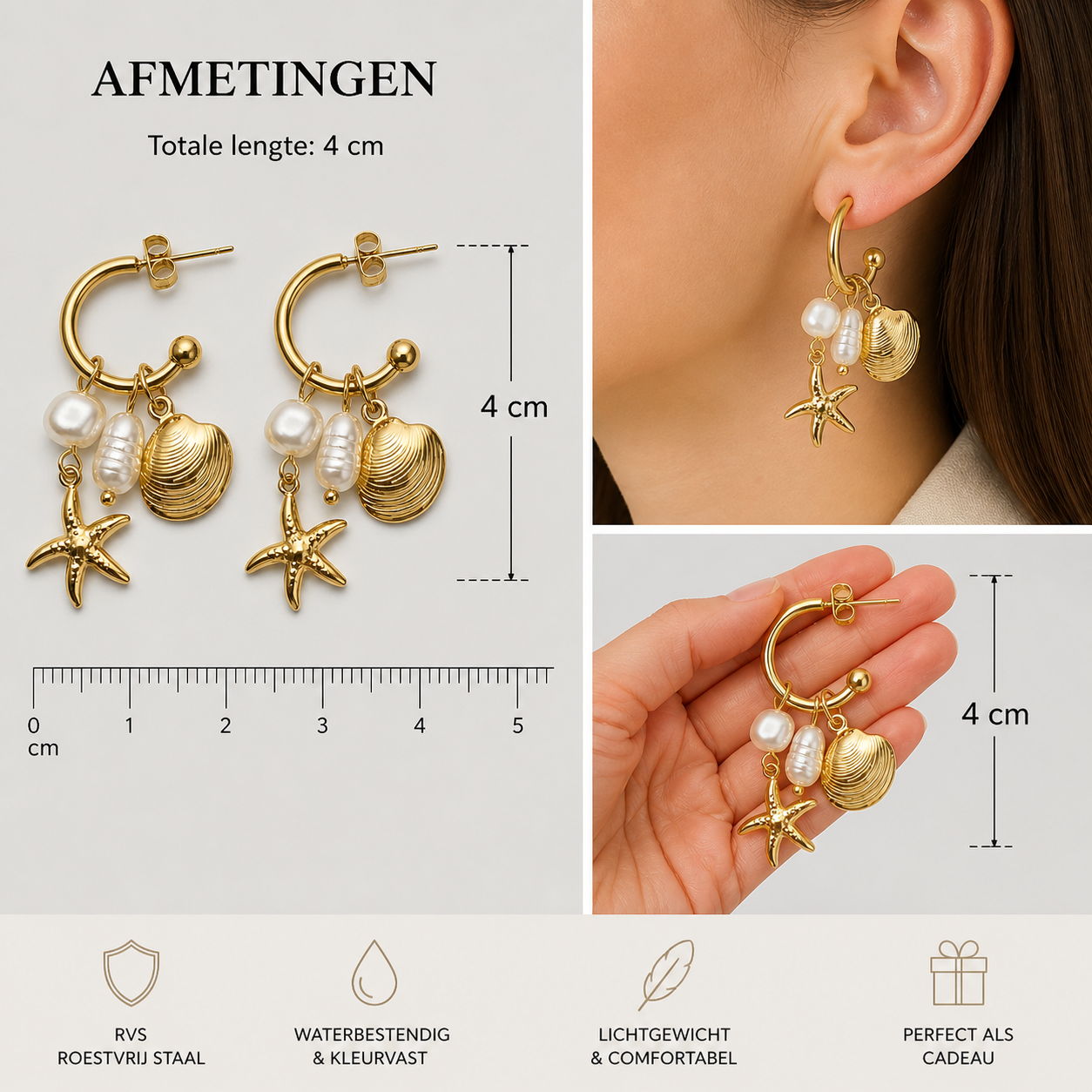 Dames Oorringen met Bedels – Goudkleurig RVS – Schelp, Zeester & Parel Oorbellen | Twinolo