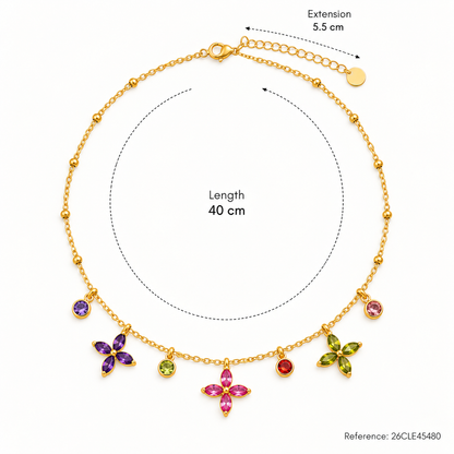 Goudkleurige Bloemenketting met Kleurrijke Zirkonia – RVS | TWINOLO