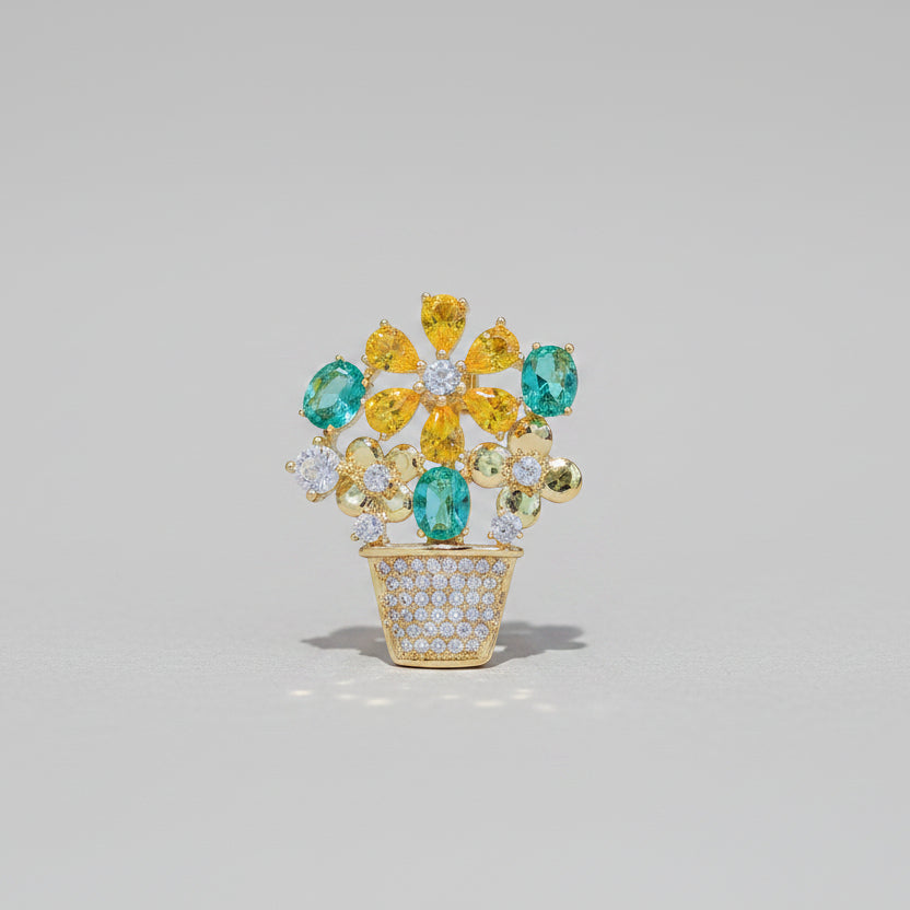 🌼 Bloemenpot Broche met Kleurrijke Kristallen – Goudkleurige Dames Broche | Twinolo