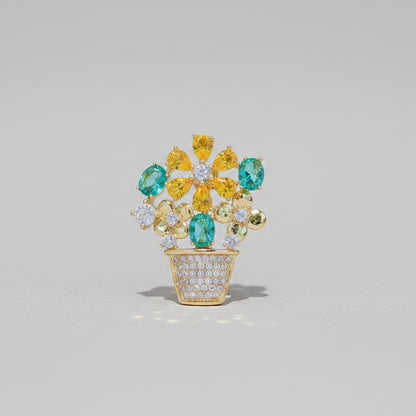 🌼 Bloemenpot Broche met Kleurrijke Kristallen – Goudkleurige Dames Broche | Twinolo