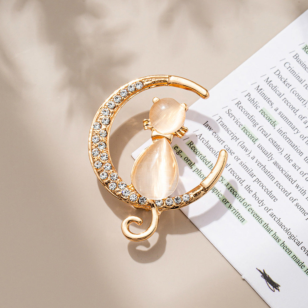 🌙 Gouden Kat Broche met Kristallen  | Twinolo