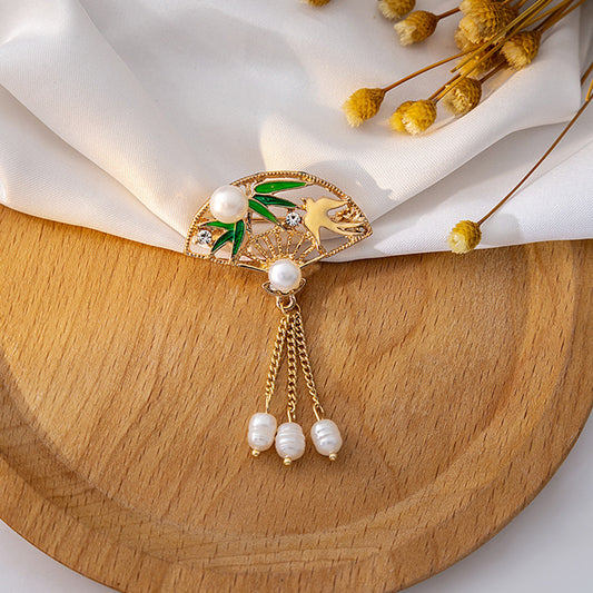 Waaierbroche Groen & Goud met Parels – Luxe Elegante Broche | Twinolo