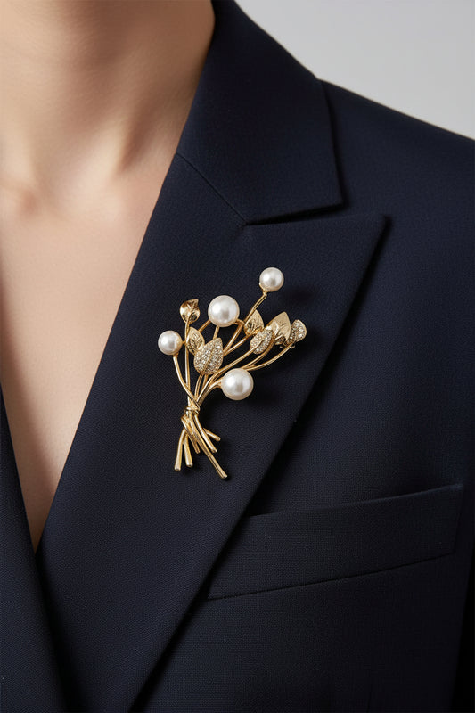 Gouden Bloemen Broche met Parels | Twinolo