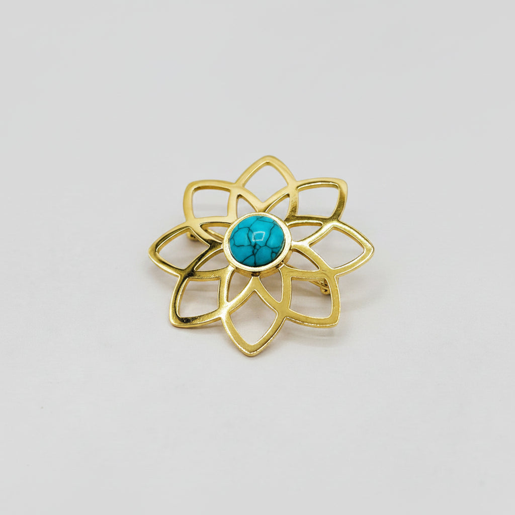 Turquoise Flower Brooch – Gold Stainless Steel | Twinolo