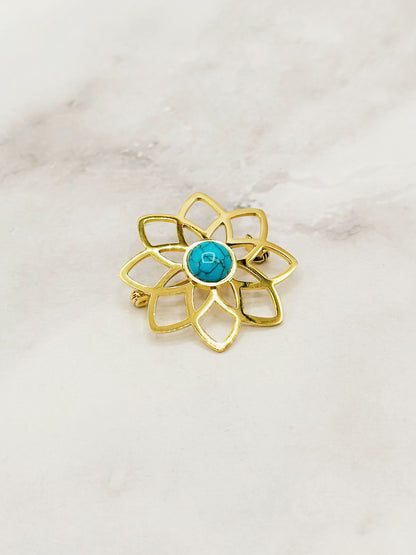 Turquoise Flower Brooch – Gold Stainless Steel | Twinolo