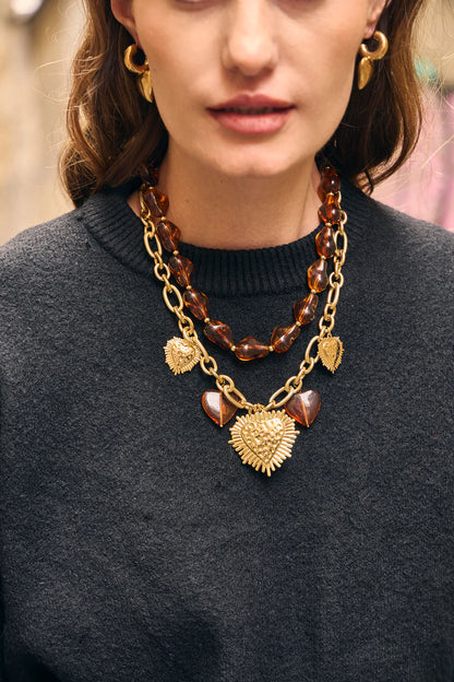 Bruine Dames Ketting met Hars Kralen – Goudkleurig RVS – Statement Ketting | Twinolo